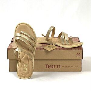 New Born Sassafrass Leather Asymmetrical Strappy Sandal, Gold Metallic, 6/36.5